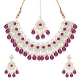 Gold Plated Kundan Stones Necklace Choker wedding Set for Women with Maangtika & Earrings .Magenta color