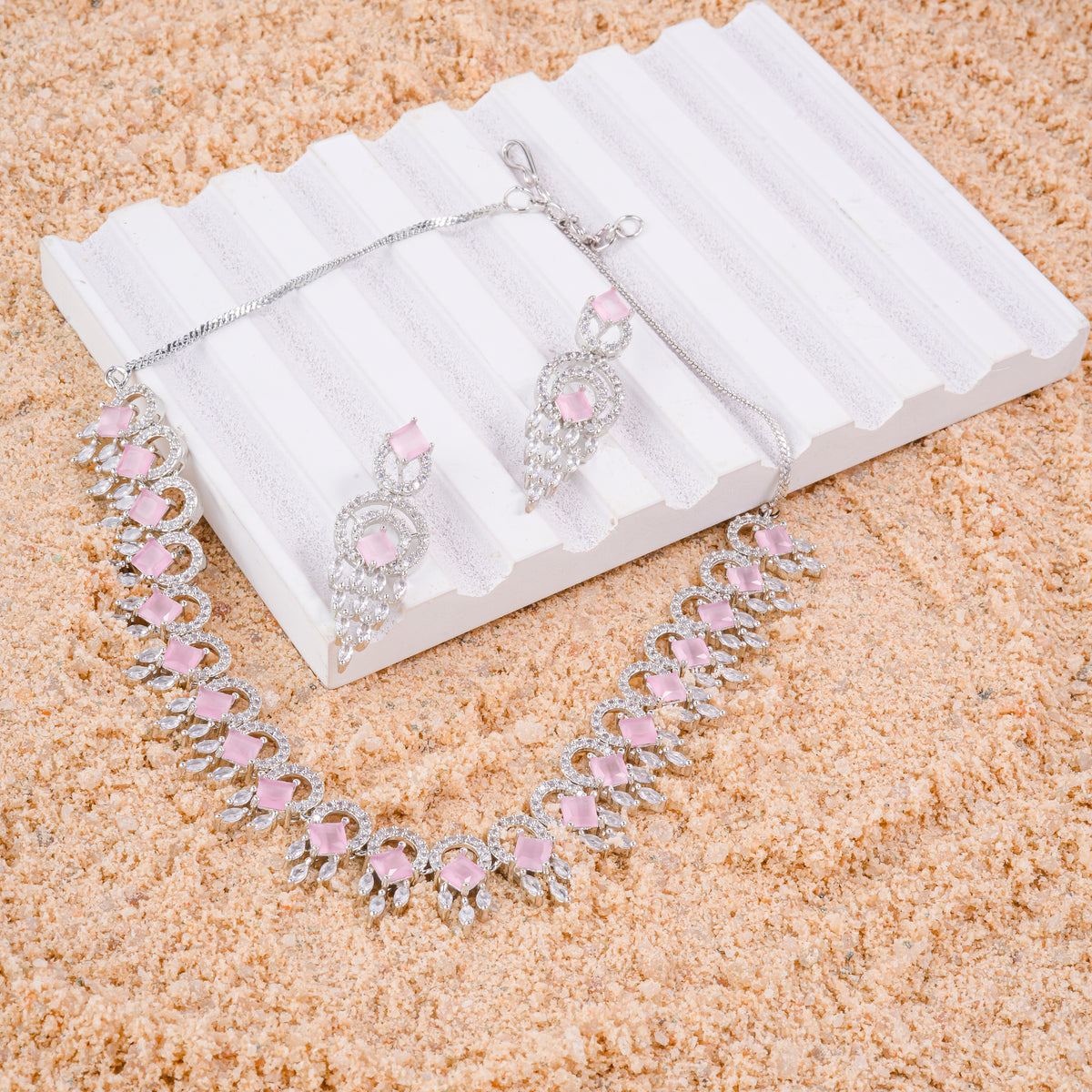 Rhodium Plated American Diamond /AD Wedding Necklace Jewelry set with matching Earrings for women. Gift for women & Girls
